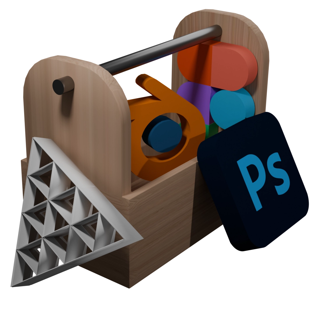 Rendu 3D d'une boite à outils (j'ai utilisé Blender) remplie des différents logos des logiciels que j'ai utilisé.